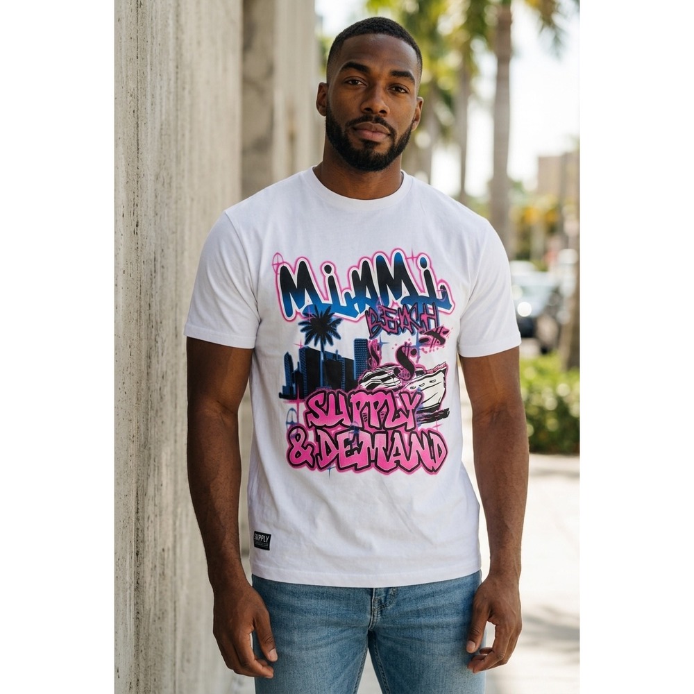#021 Supply & Demand NYC Mens Miami Beach Graffiti Graphic TShirt White Sm NWT